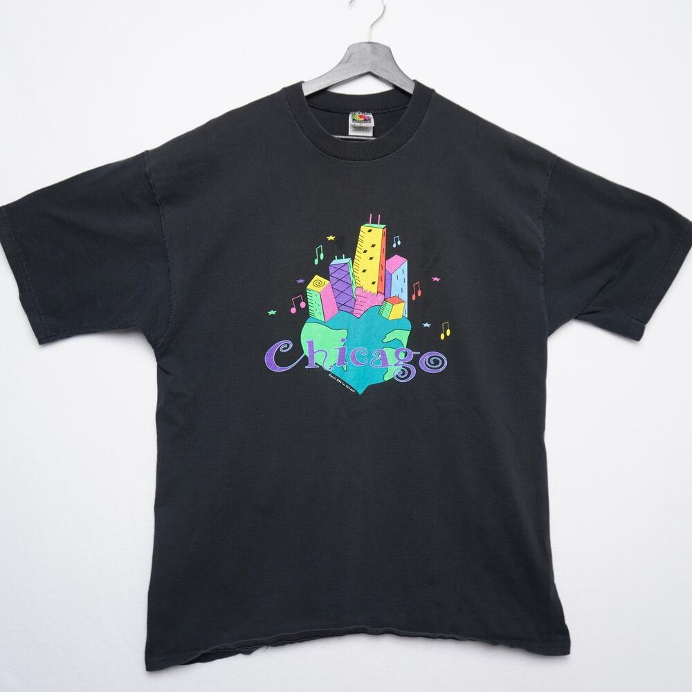 90s Chicago Neon Skyline Heart T-Shirt XL Made in USA‎ Fruit of the Loom Lofteez